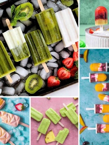 Varieties of easy homemade popsicles recipes on a flat surface.
