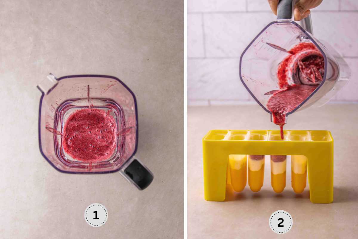 Blending the fruits and pouring it into popsicle molds.