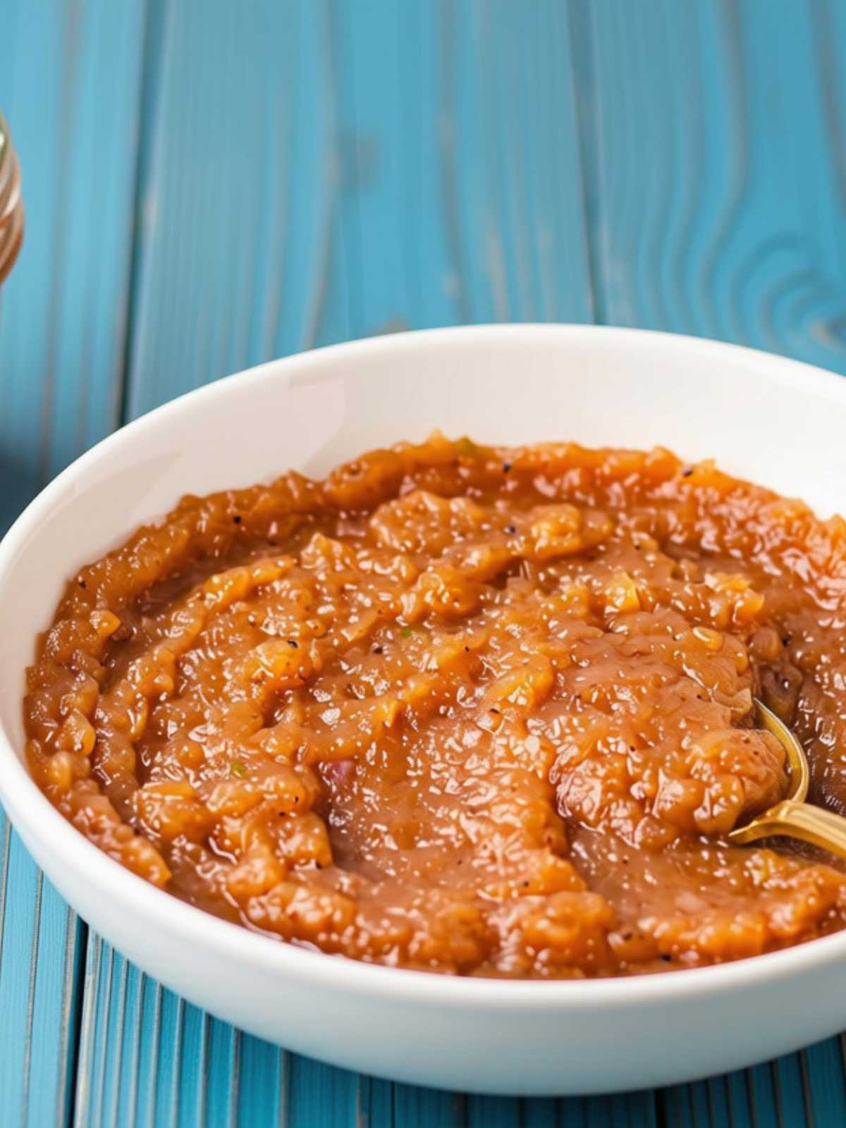 Homemade applesauce in a bowl with spoon.