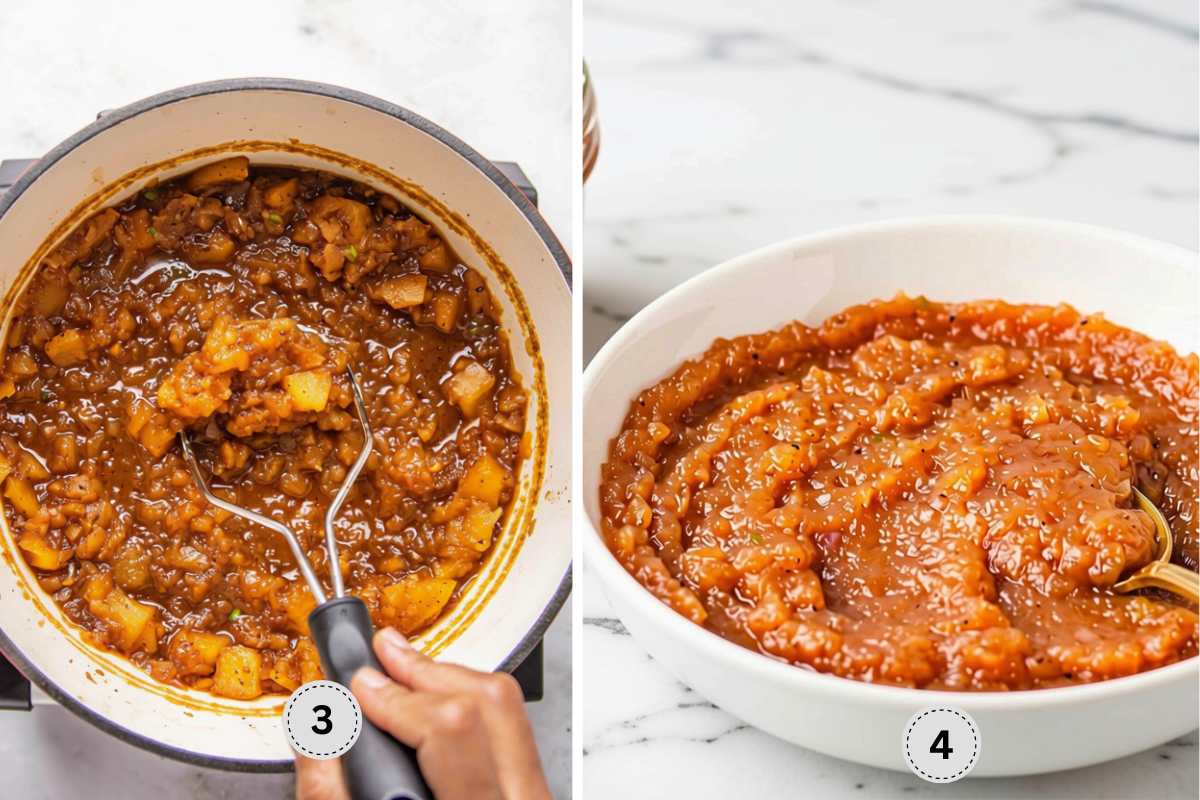 Mashing the apples and adding butter before transferring the sauce into a bowl.