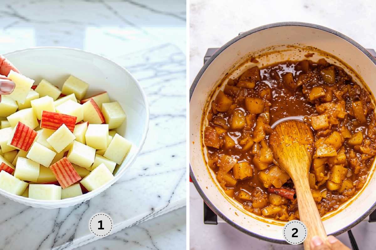 Chpping the apples into chunks and cooking it in a heavy bottom pot.