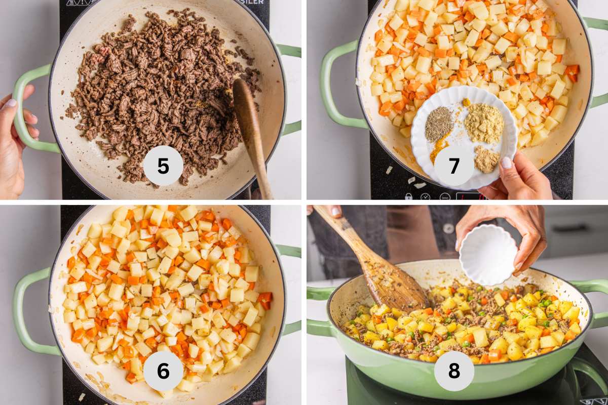 Sautéing the ground beef filling and adding the veggies and slurry.