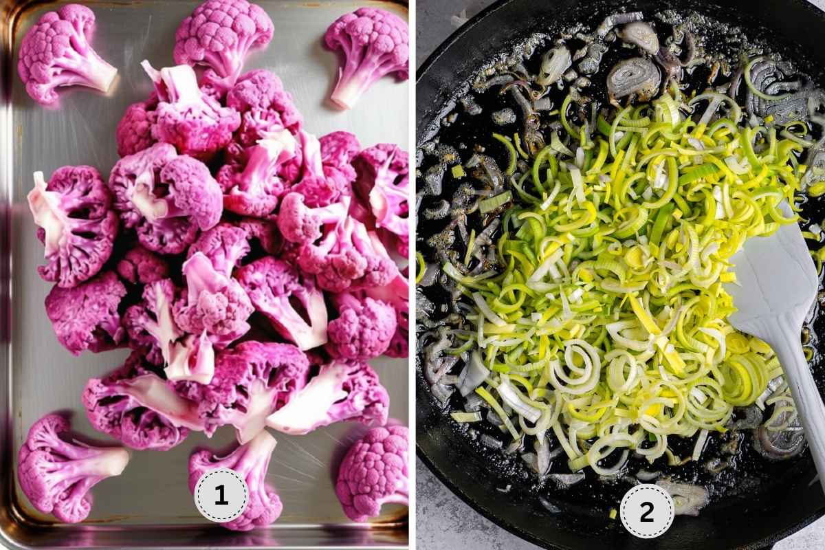 Rosating the cauliflower and sautéing the leeks with onion in a Dutch oven.