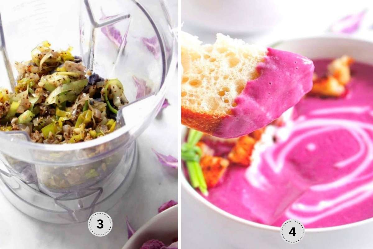 Blending the cooked leeks with the cauliflower and beets, and scooping the blended soup with crusty bread.