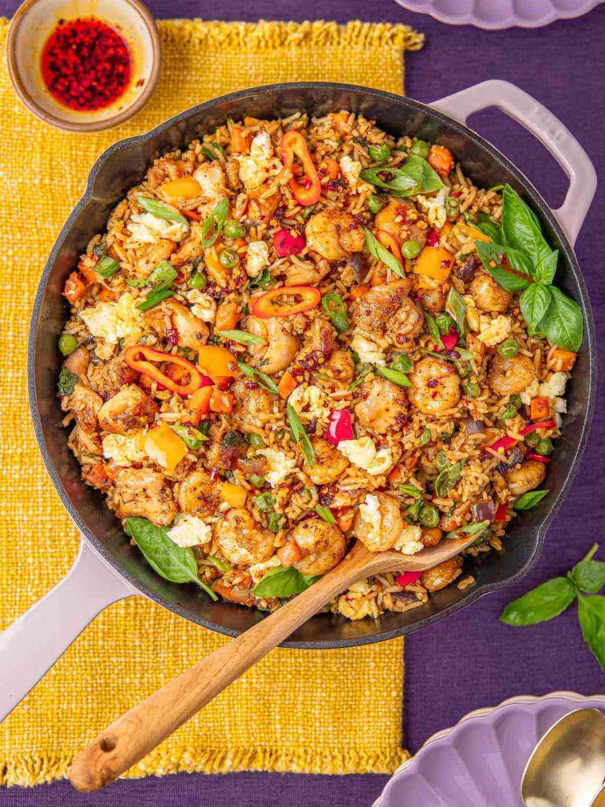 Fried rice with vegetables and chili crisp oil.