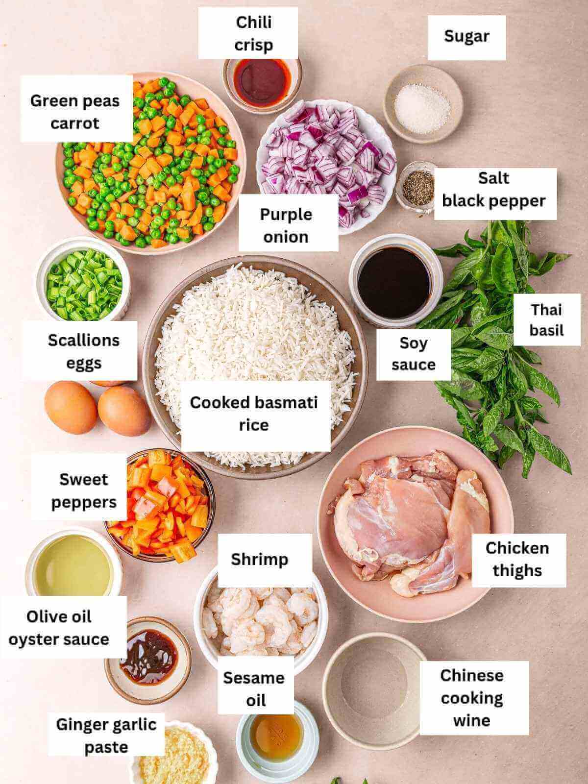 Ingredients needed for chicken and shrimp fried rice.