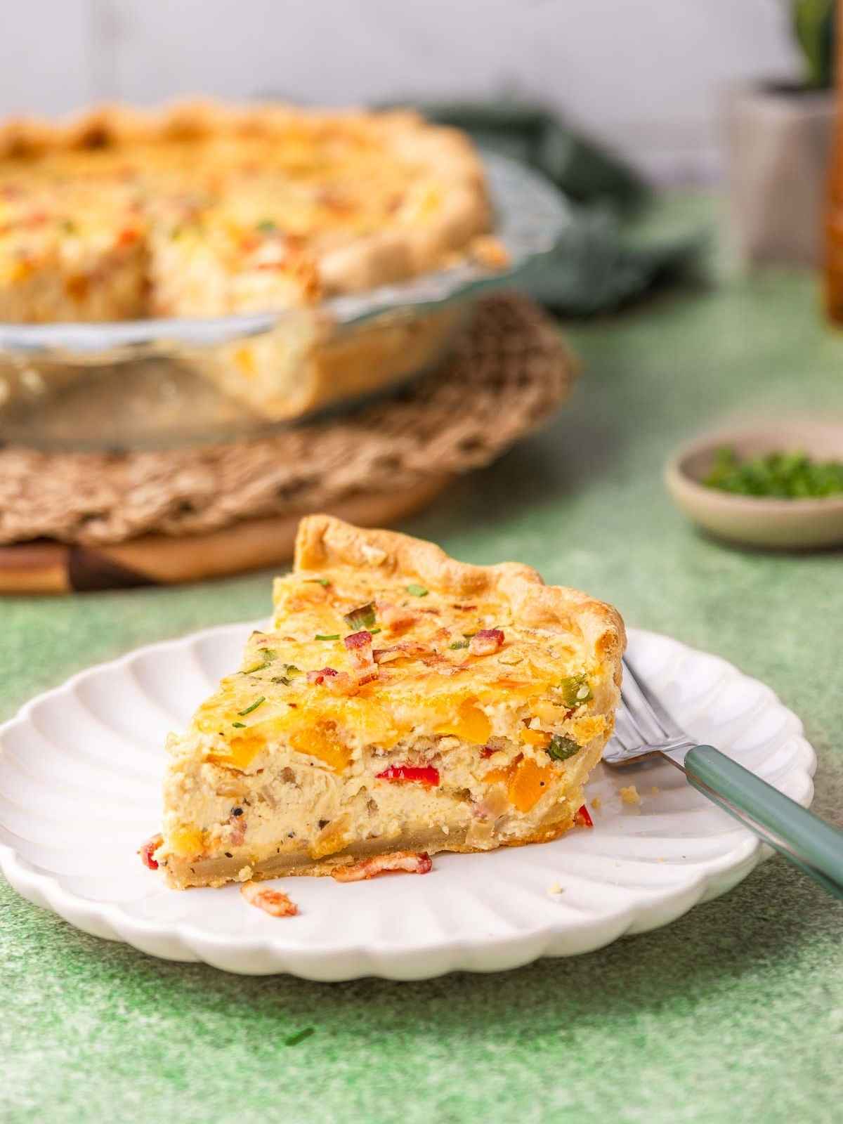 A slice of the cottage cheese pie showing the interior.