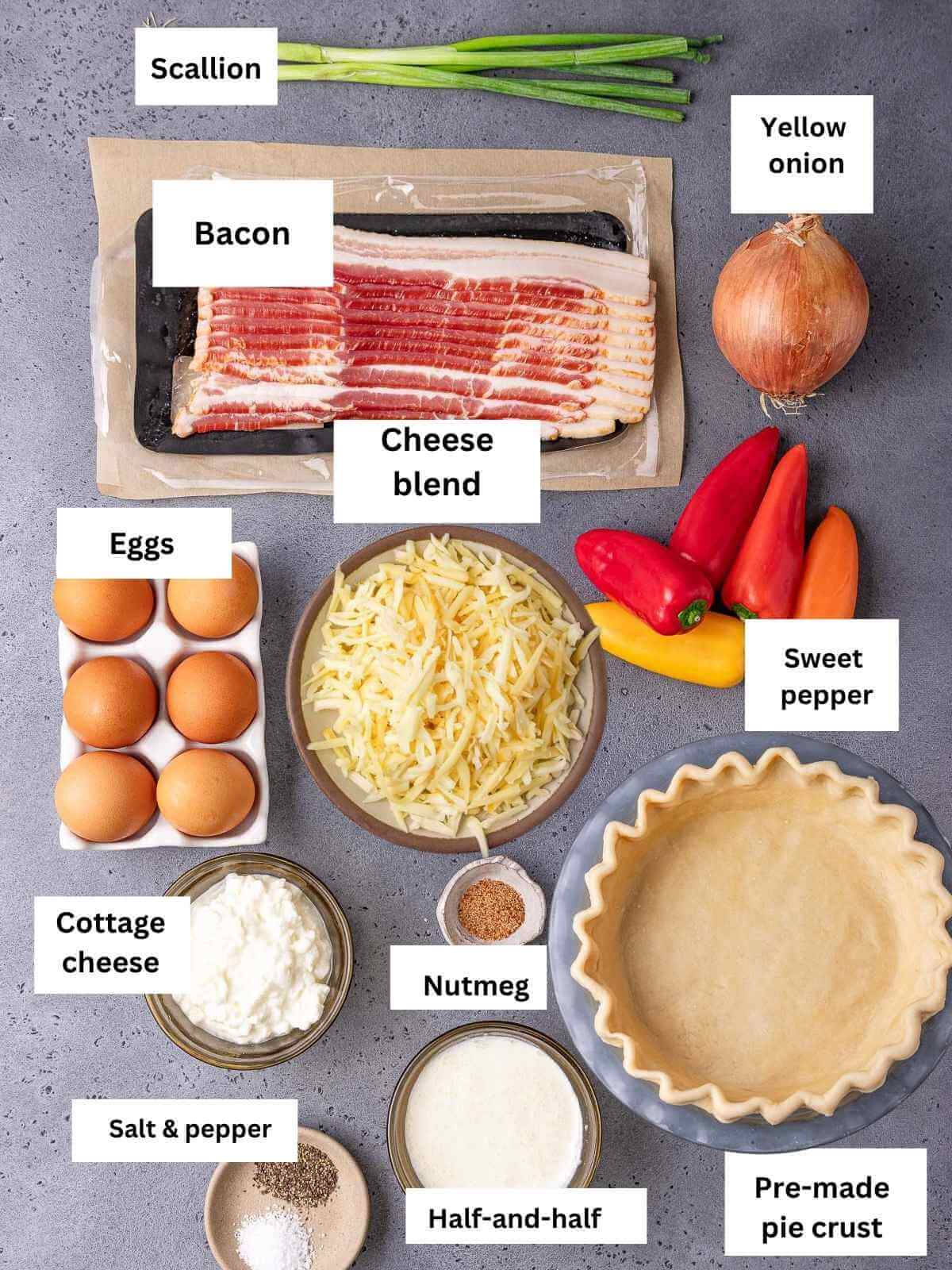 Ingredients need to make the cottage cheese bacon quiche.